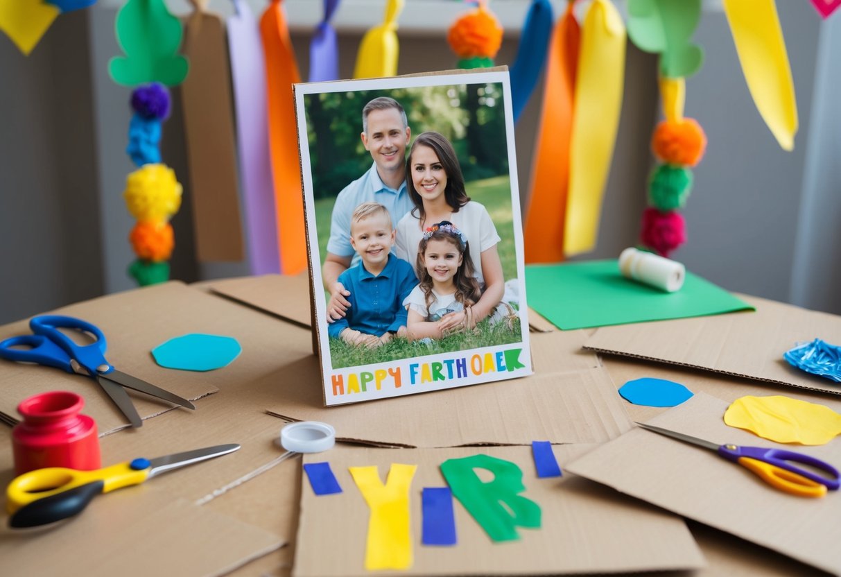 A table with recycled materials: cardboard, paper, glue, scissors, and paint. A family photo is surrounded by colorful, handcrafted decorations