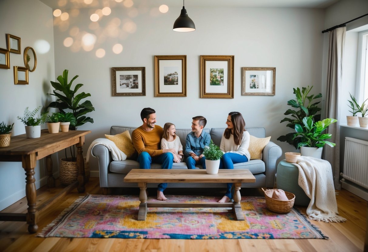 A cozy living room with a rustic wooden table, vintage picture frames, and a colorful rug. A family of four sits on a comfortable sofa, surrounded by potted plants and soft throw blankets