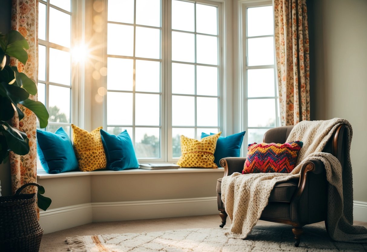 A cozy living room with a large, sunlit window, adorned with colorful throw pillows and a cozy blanket draped over a vintage armchair