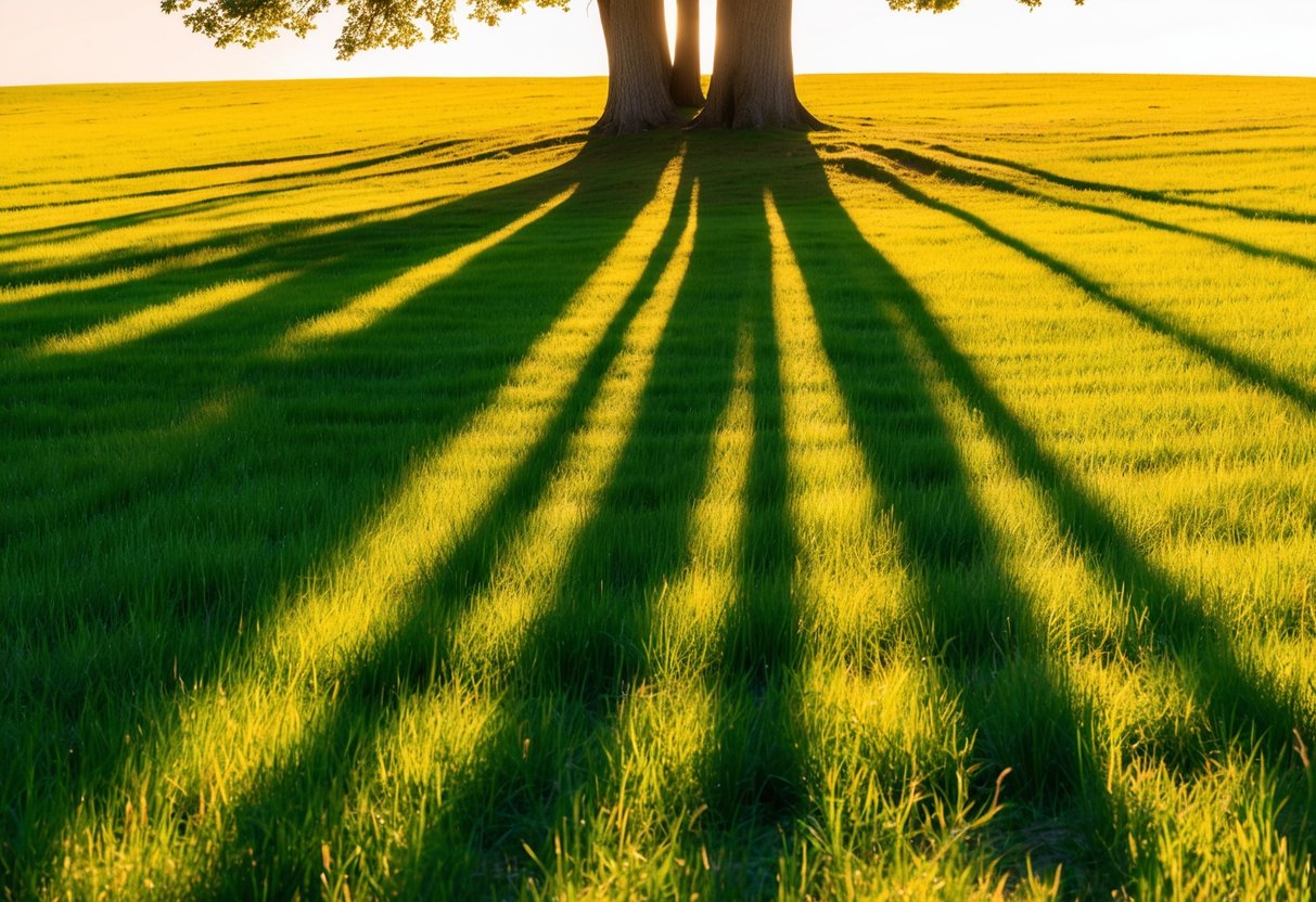 A sunlit tree casting long shadows on a vibrant, grassy field. The warm light creates dramatic contrasts and highlights