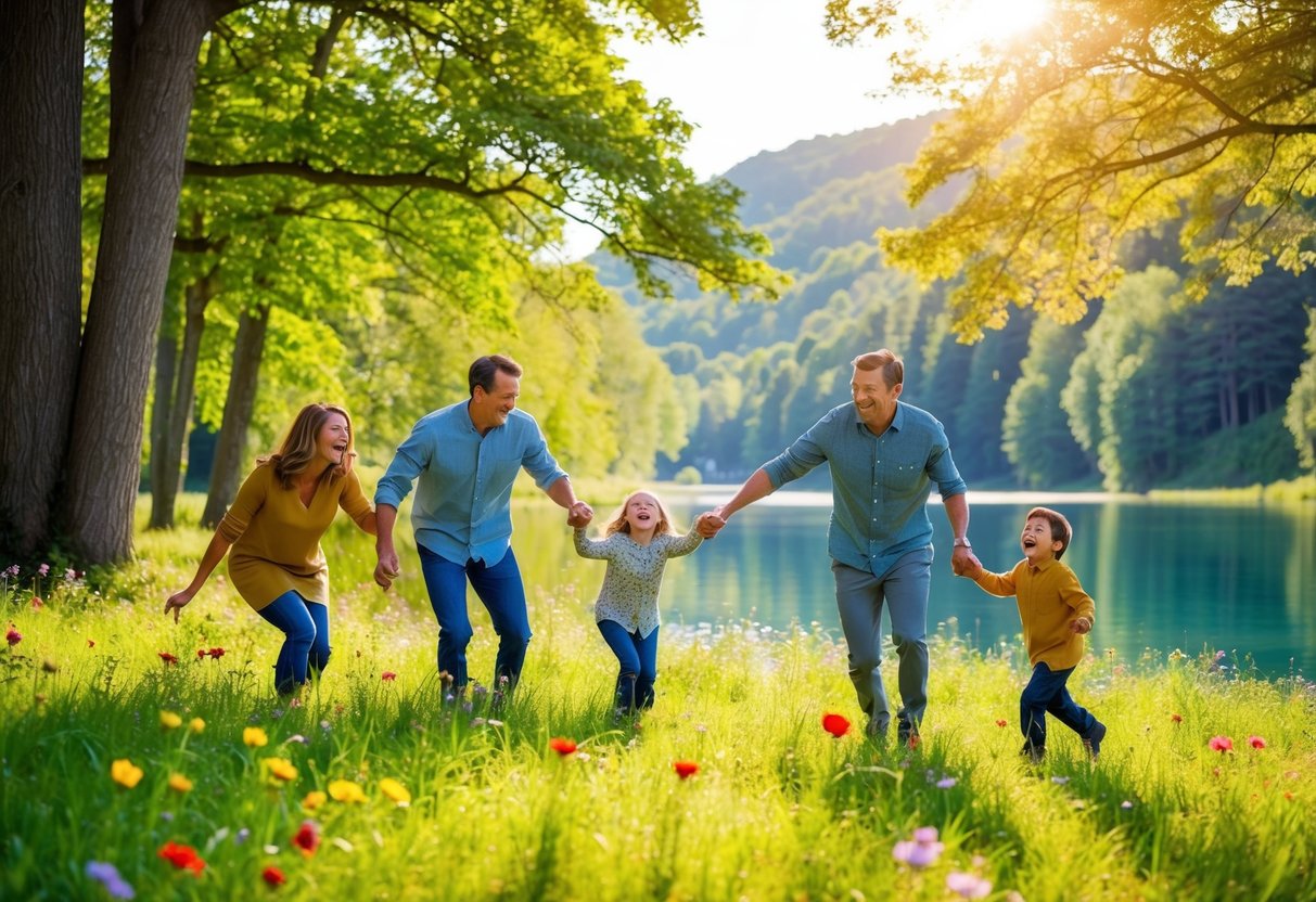 A family of four laughing and playing in a lush, sun-dappled meadow by a tranquil lake, surrounded by towering trees and colorful wildflowers