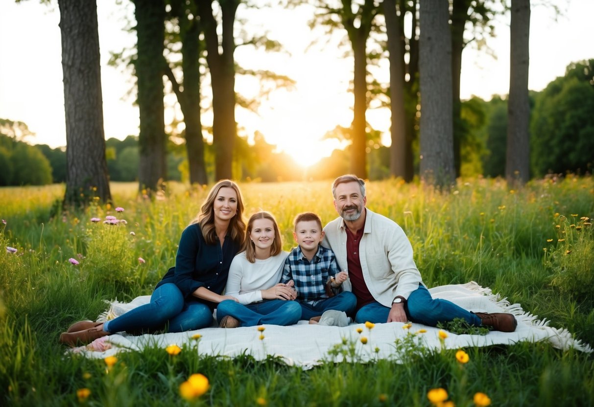 A family sits on a blanket in a grassy field, surrounded by tall trees and blooming wildflowers. The sun is setting, casting a warm, golden glow over the scene