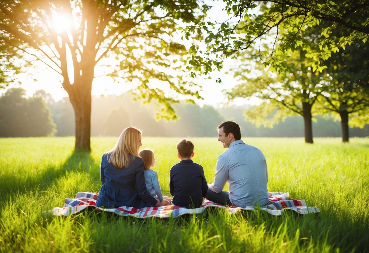A family sitting on a blanket in a grassy field, surrounded by trees and sunlight filtering through the leaves
