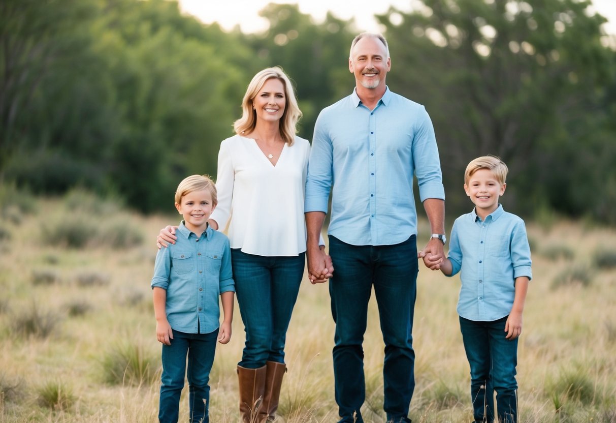 A family of four stands in a natural setting, arranged in a triangular formation. The parents stand slightly behind the two children, with everyone facing the camera and smiling