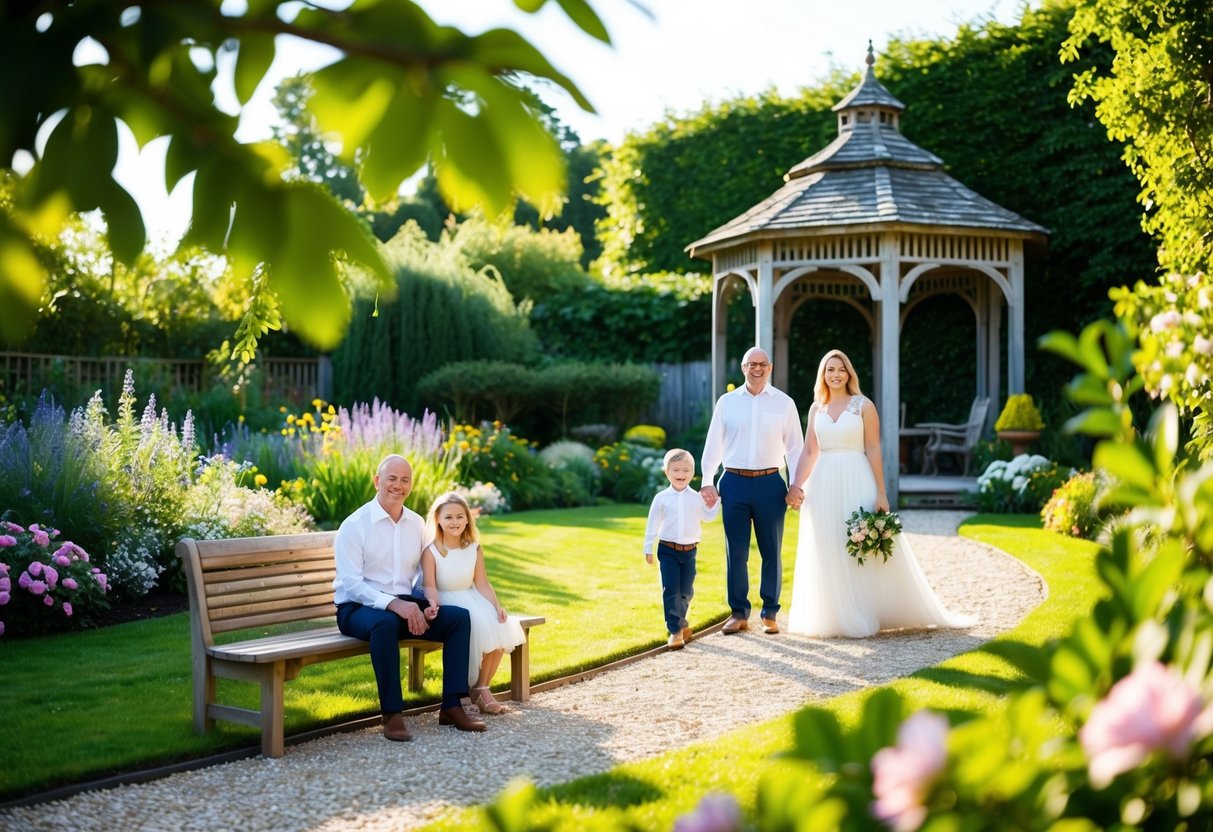 A family photo shoot set in a lush, sunlit garden with a wooden bench, blooming flowers, and a winding path leading to a rustic gazebo
